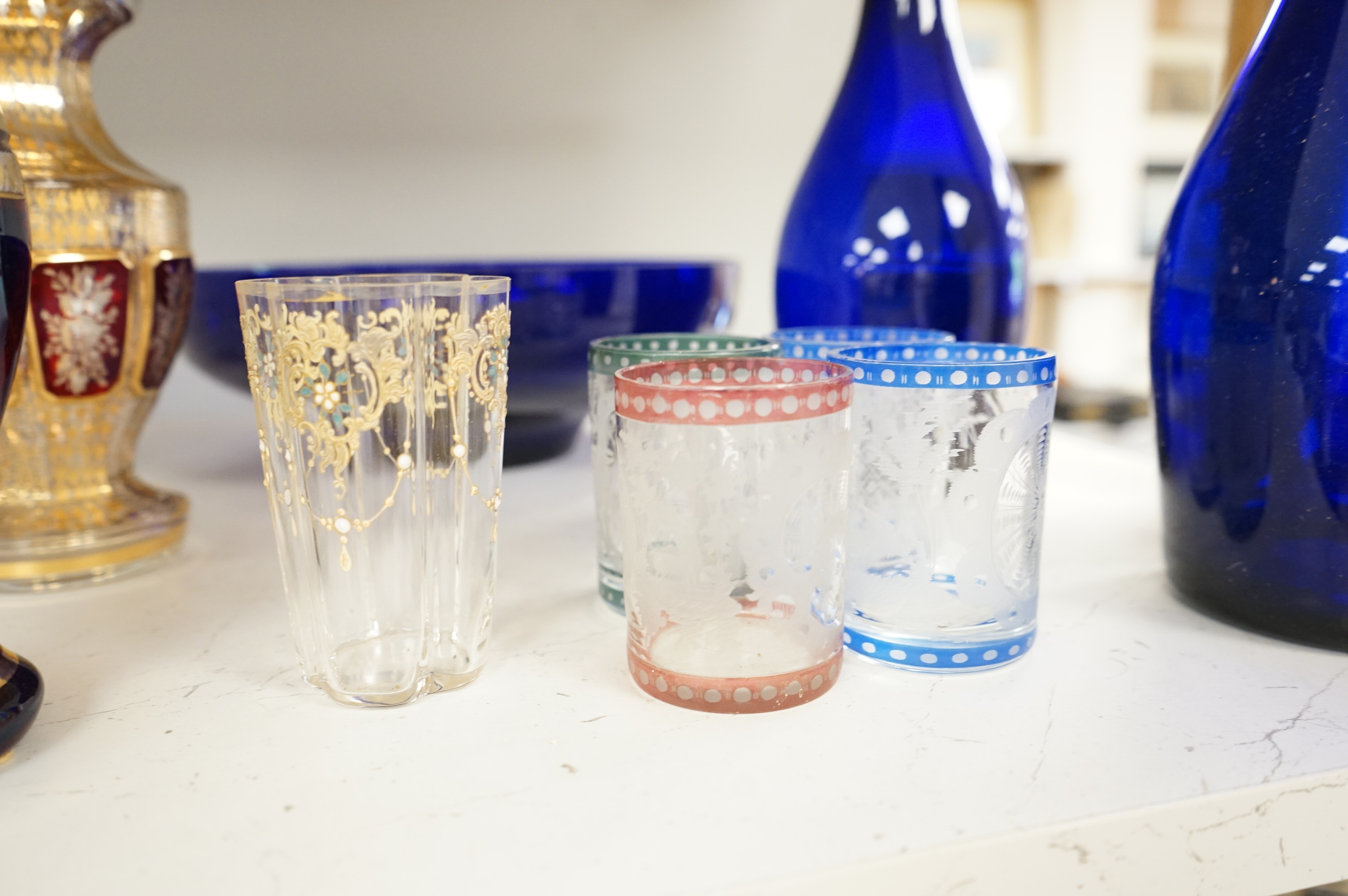 18th century and later glassware including a pair of ‘Bristol’ blue decanters